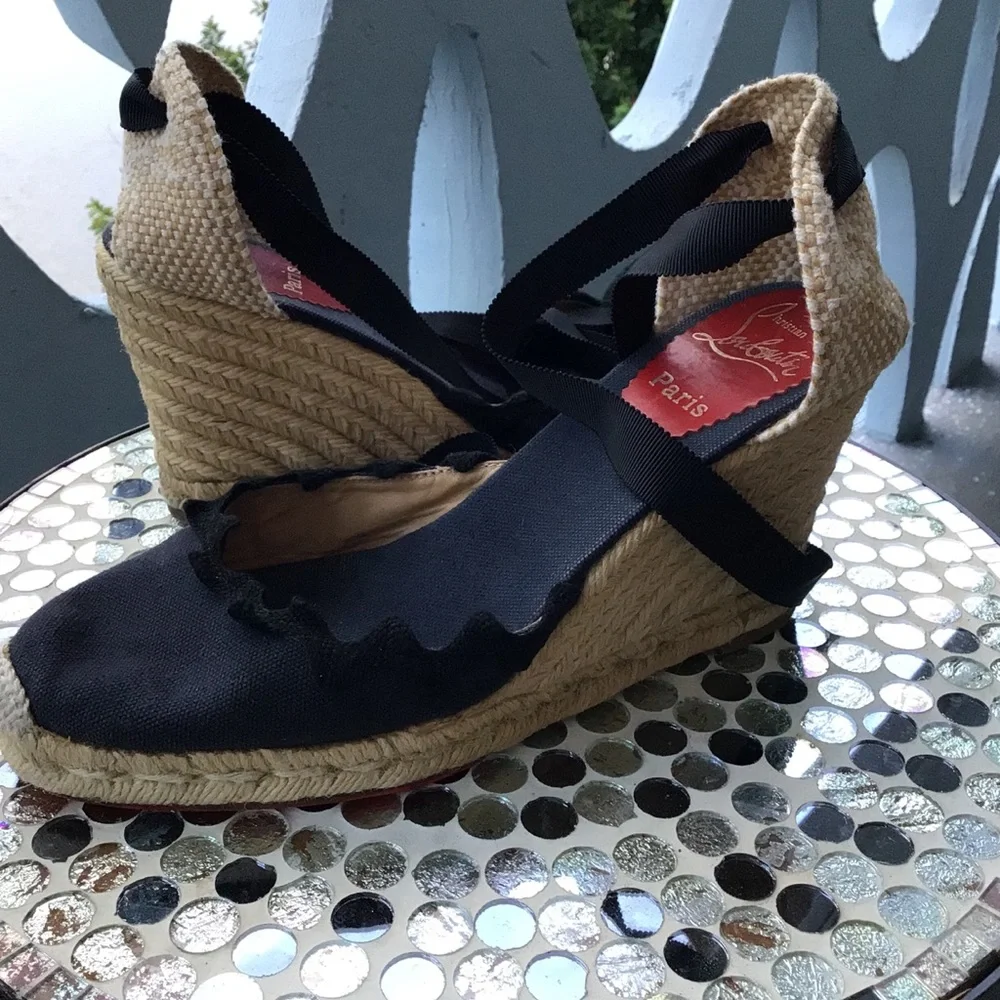 Christian Louboutin Black and Navy Espadrille Wedge Ankle Wrap Ribbon Sandals